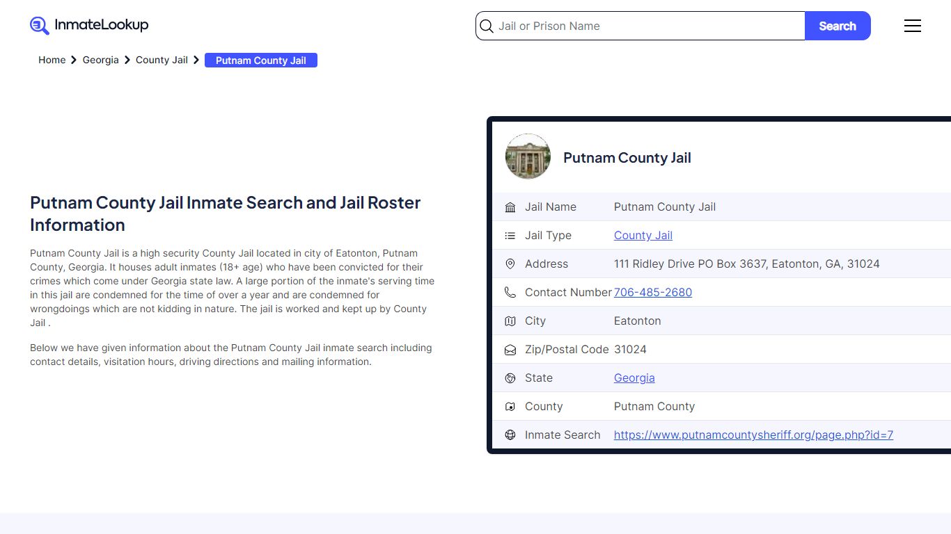 Putnam County Jail Inmate Search - Eatonton Georgia - Inmate Lookup
